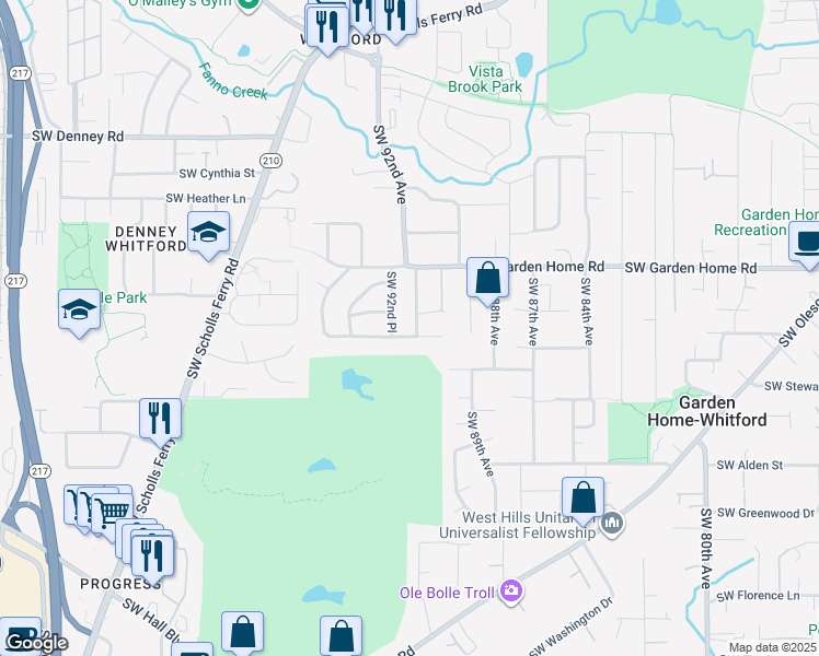 map of restaurants, bars, coffee shops, grocery stores, and more near 9100 Southwest Camille Terrace in Portland