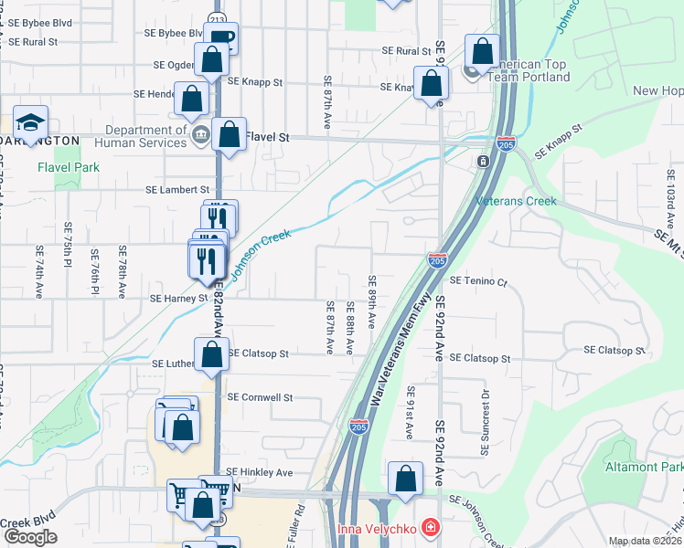 map of restaurants, bars, coffee shops, grocery stores, and more near Southeast Bartholomew Court in Portland