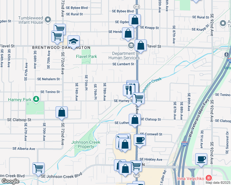 map of restaurants, bars, coffee shops, grocery stores, and more near 7912 Southeast Harney Street in Portland