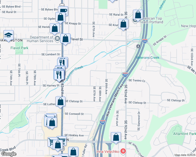 map of restaurants, bars, coffee shops, grocery stores, and more near Southeast Bartholomew Court in Portland