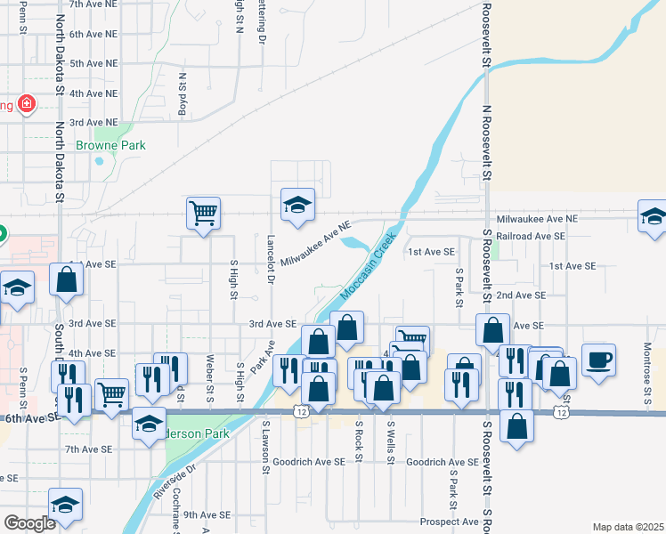 map of restaurants, bars, coffee shops, grocery stores, and more near 1601 Milwaukee Avenue Northeast in Aberdeen