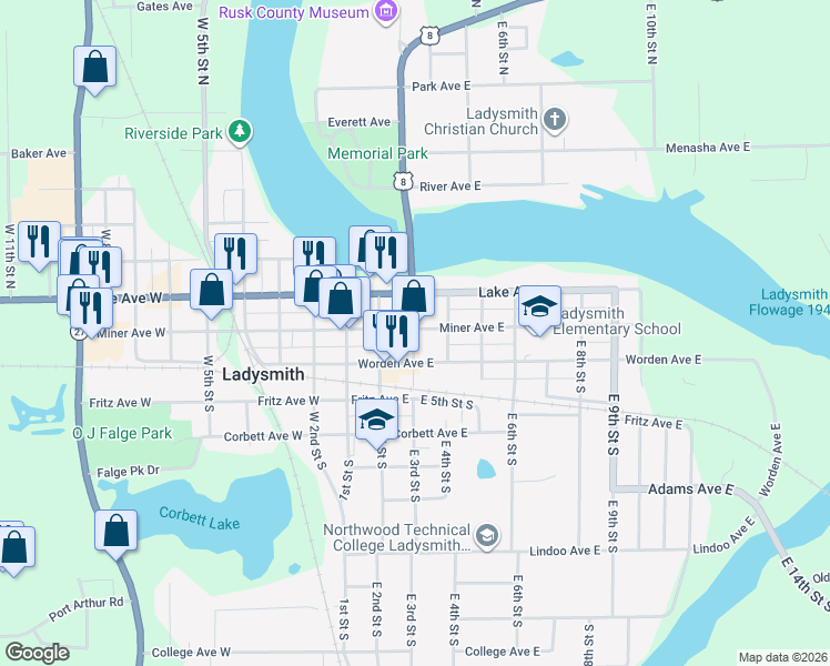 map of restaurants, bars, coffee shops, grocery stores, and more near 304 Miner Avenue East in Ladysmith