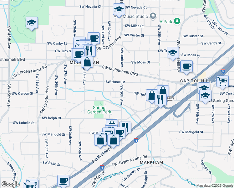 map of restaurants, bars, coffee shops, grocery stores, and more near 8453 Southwest 30th Avenue in Portland