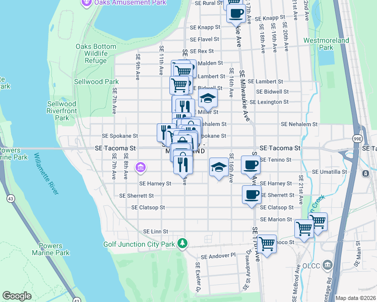 map of restaurants, bars, coffee shops, grocery stores, and more near 8112 Southeast 13th Avenue in Portland