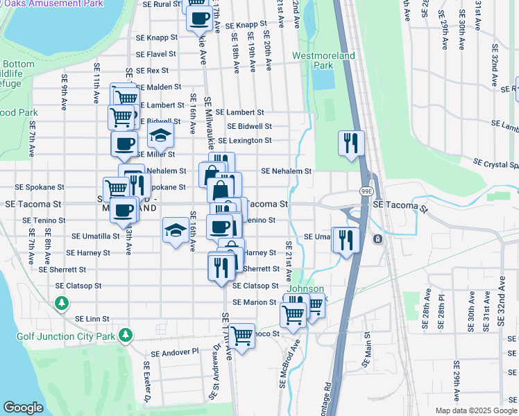 map of restaurants, bars, coffee shops, grocery stores, and more near 8118 Southeast 19th Avenue in Portland