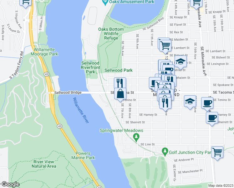 map of restaurants, bars, coffee shops, grocery stores, and more near 608 Southeast Tacoma Street in Portland