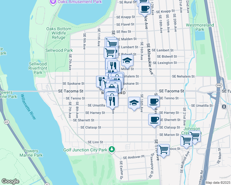 map of restaurants, bars, coffee shops, grocery stores, and more near 8112 Southeast 13th Avenue in Portland