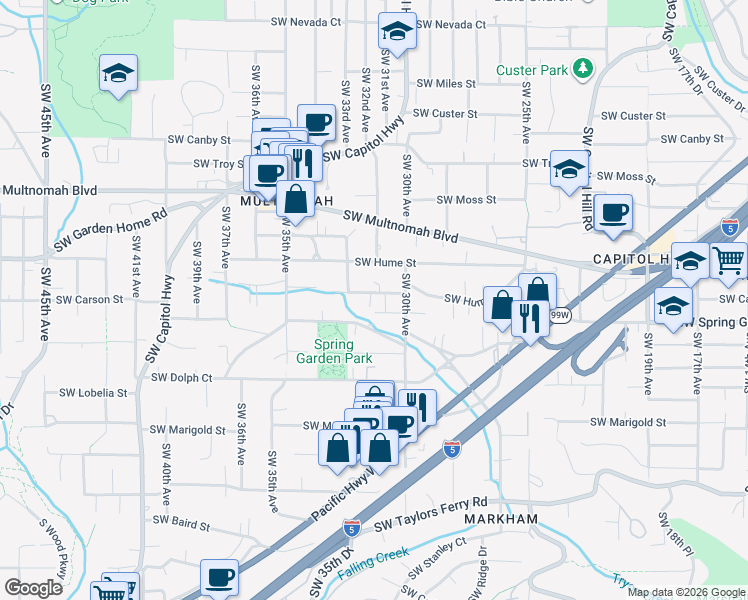 map of restaurants, bars, coffee shops, grocery stores, and more near 3114 Southwest Carson Street in Portland