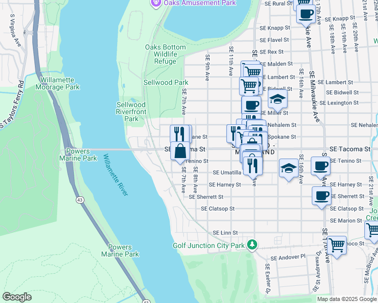 map of restaurants, bars, coffee shops, grocery stores, and more near 714 Southeast Tacoma Street in Portland