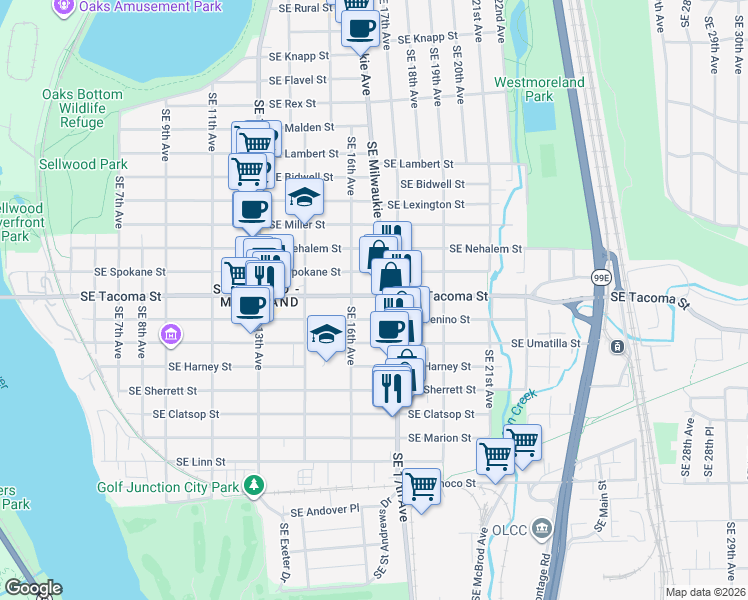 map of restaurants, bars, coffee shops, grocery stores, and more near 1650 Southeast Tacoma Street in Portland