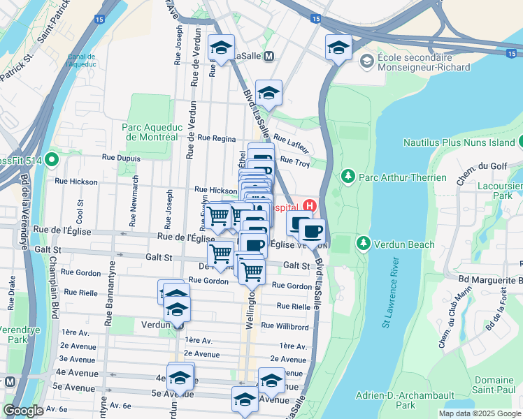 map of restaurants, bars, coffee shops, grocery stores, and more near 3972 Rue Wellington in Montréal