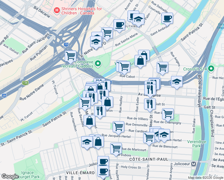 map of restaurants, bars, coffee shops, grocery stores, and more near 2155 Avenue de l'Église in Montréal
