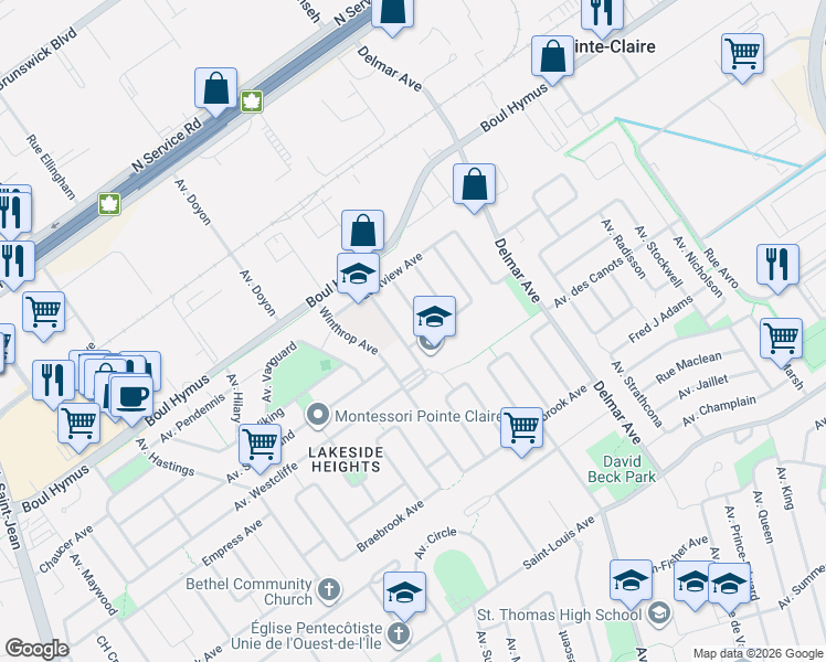 map of restaurants, bars, coffee shops, grocery stores, and more near 33 Avenue de Georgia Crescent in Pointe-Claire