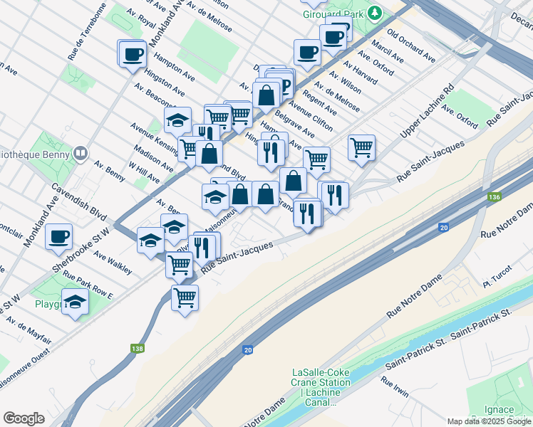 map of restaurants, bars, coffee shops, grocery stores, and more near in Montreal