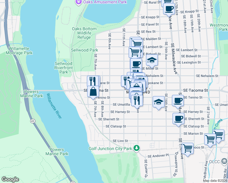 map of restaurants, bars, coffee shops, grocery stores, and more near 926 Southeast Tacoma Street in Portland