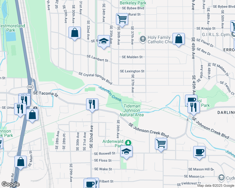 map of restaurants, bars, coffee shops, grocery stores, and more near 3515 Southeast Johnson Creek Boulevard in Milwaukie