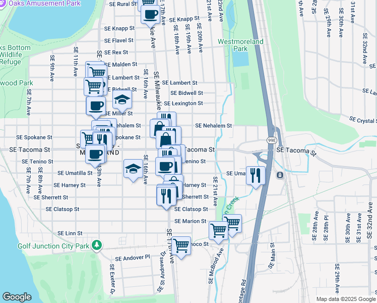 map of restaurants, bars, coffee shops, grocery stores, and more near 1804 Southeast Tenino Street in Portland
