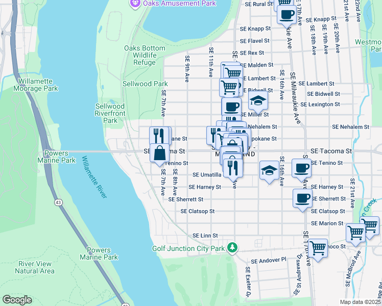 map of restaurants, bars, coffee shops, grocery stores, and more near 924 Southeast Tenino Street in Portland