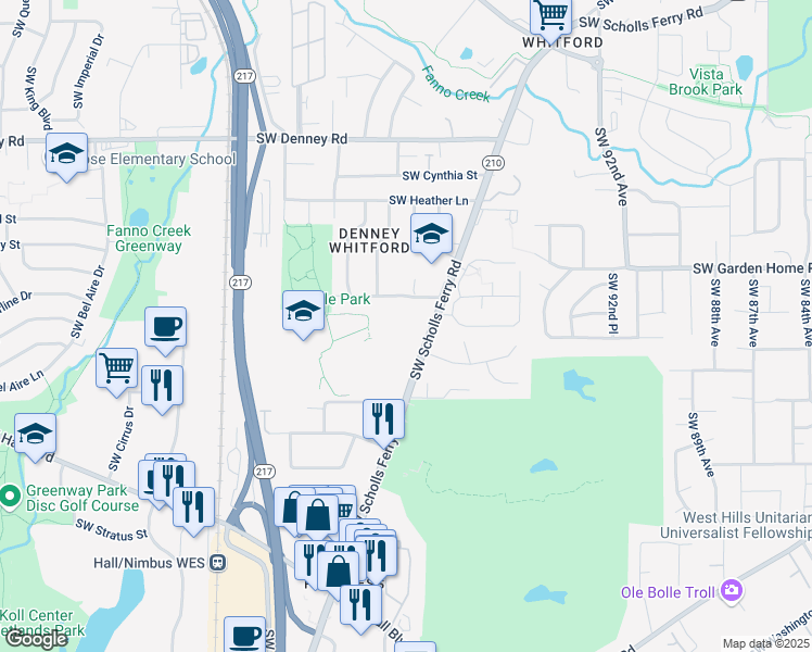map of restaurants, bars, coffee shops, grocery stores, and more near 7799 Oregon 210 in Beaverton
