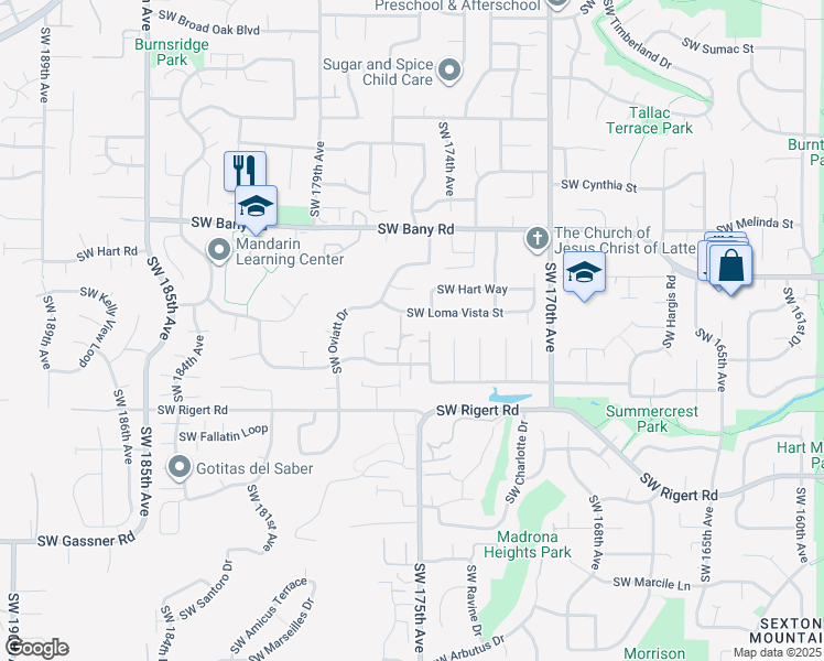 map of restaurants, bars, coffee shops, grocery stores, and more near 17545 Southwest Tia Terrace in Beaverton