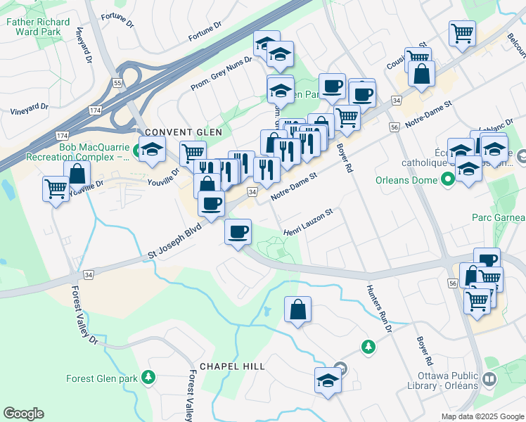 map of restaurants, bars, coffee shops, grocery stores, and more near in Ottawa