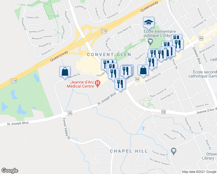 map of restaurants, bars, coffee shops, grocery stores, and more near in Ottawa