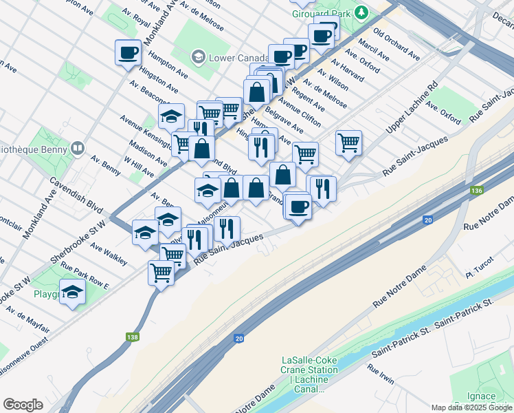 map of restaurants, bars, coffee shops, grocery stores, and more near in Montréal