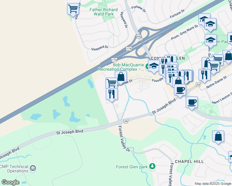 map of restaurants, bars, coffee shops, grocery stores, and more near 1439 Youville Drive in Ottawa