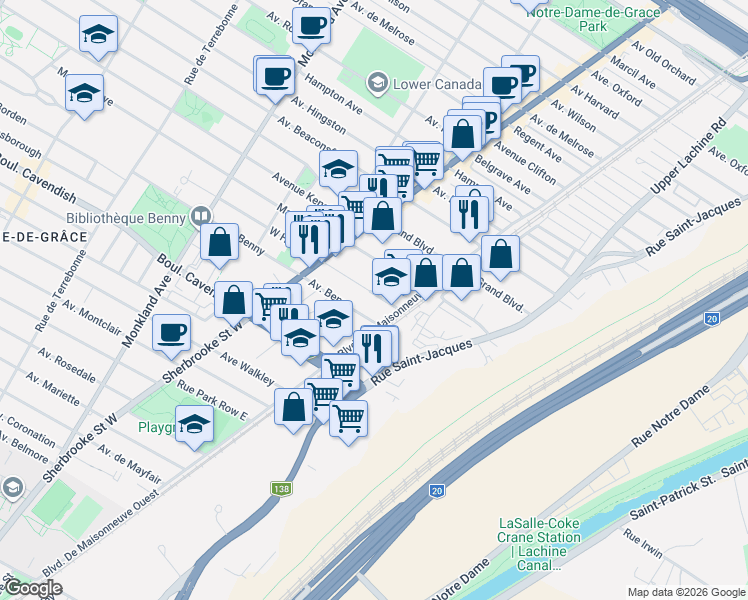 map of restaurants, bars, coffee shops, grocery stores, and more near 2366 Avenue West Hill in Montréal