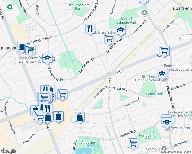 map of restaurants, bars, coffee shops, grocery stores, and more near 678 Thicket Way in Ottawa