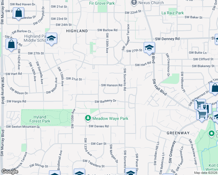 map of restaurants, bars, coffee shops, grocery stores, and more near 12964 Southwest Thunderhead Way in Beaverton