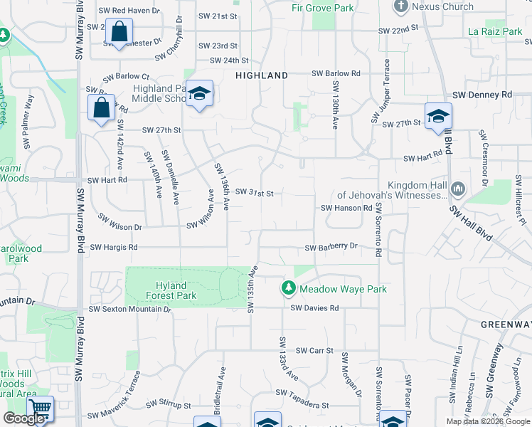 map of restaurants, bars, coffee shops, grocery stores, and more near 7825 Southwest 135th Avenue in Beaverton