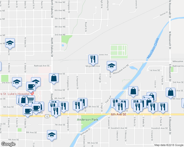 map of restaurants, bars, coffee shops, grocery stores, and more near 1st Avenue Southeast in Aberdeen