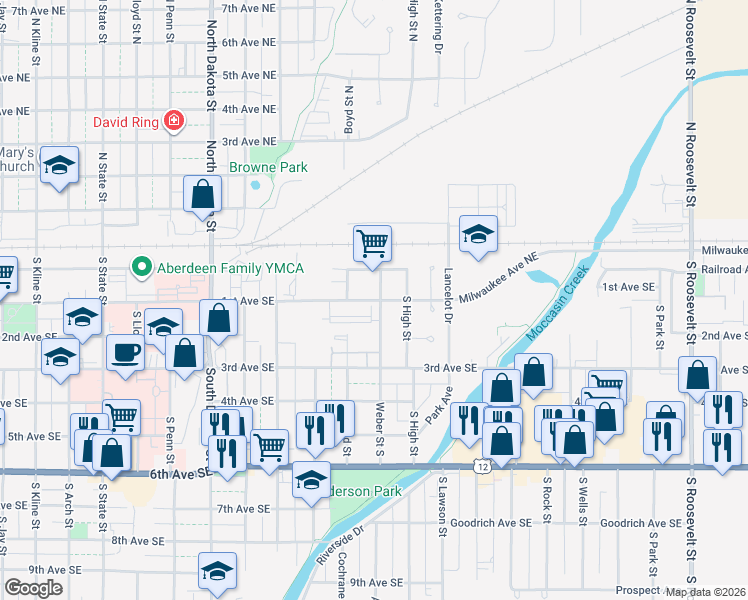 map of restaurants, bars, coffee shops, grocery stores, and more near 1st Avenue Southeast in Aberdeen