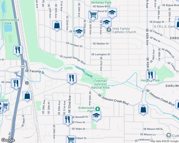 map of restaurants, bars, coffee shops, grocery stores, and more near 3515 Southeast Johnson Creek Boulevard in Milwaukie