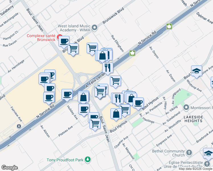 map of restaurants, bars, coffee shops, grocery stores, and more near 17 Place de la Triade in Pointe-Claire