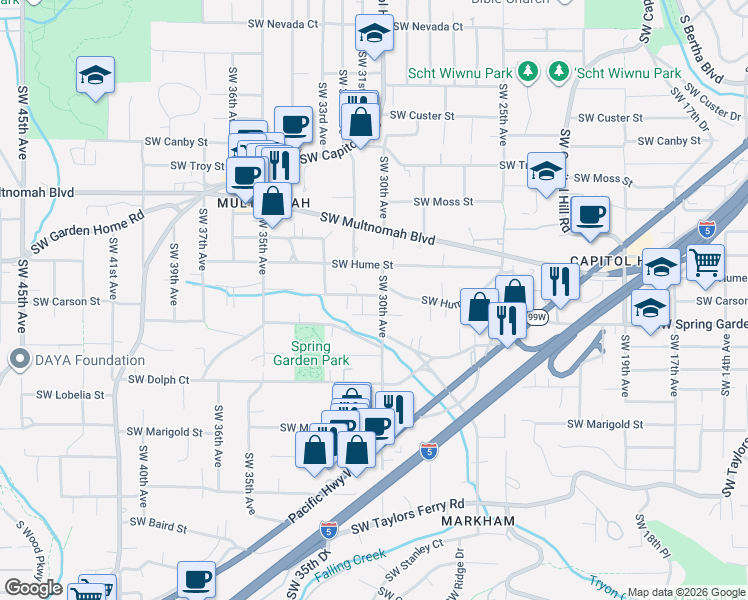 map of restaurants, bars, coffee shops, grocery stores, and more near 8456 Southwest 30th Avenue in Portland