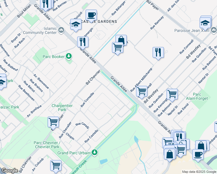 map of restaurants, bars, coffee shops, grocery stores, and more near 6496 Rue Claudel in Brossard