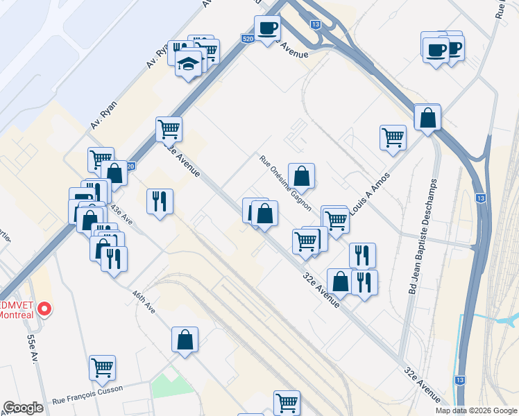 map of restaurants, bars, coffee shops, grocery stores, and more near 2150 32e Avenue in Montréal