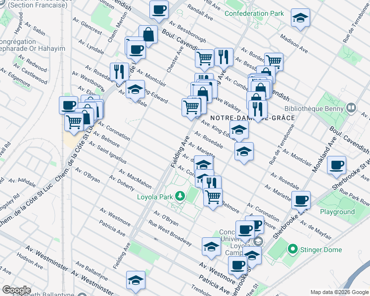 map of restaurants, bars, coffee shops, grocery stores, and more near 6920 Avenue Fielding in Montréal