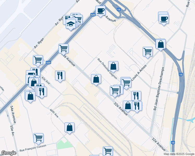 map of restaurants, bars, coffee shops, grocery stores, and more near 2150 32e Avenue in Montréal