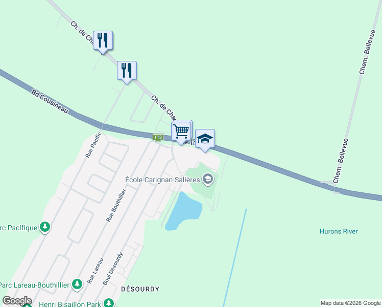 map of restaurants, bars, coffee shops, grocery stores, and more near 1499 Rue Jacques de Chambly in Carignan