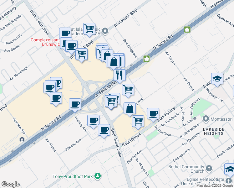 map of restaurants, bars, coffee shops, grocery stores, and more near 17 Place de la Triade in Pointe-Claire