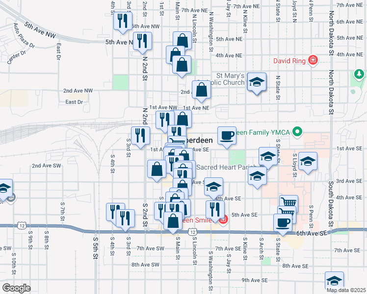 map of restaurants, bars, coffee shops, grocery stores, and more near 21 South Main Street in Aberdeen