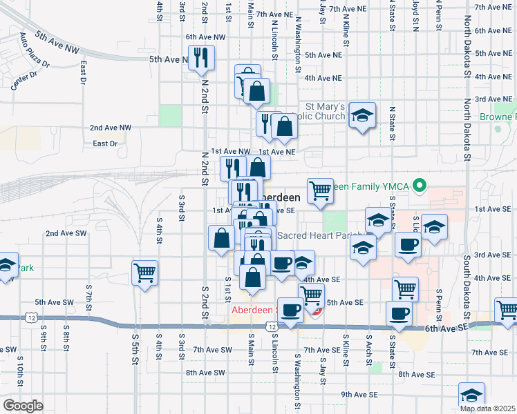 map of restaurants, bars, coffee shops, grocery stores, and more near 21 South Main Street in Aberdeen