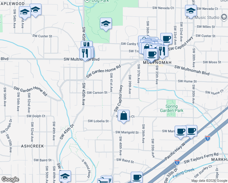 map of restaurants, bars, coffee shops, grocery stores, and more near 8342 Southwest 41st Avenue in Portland