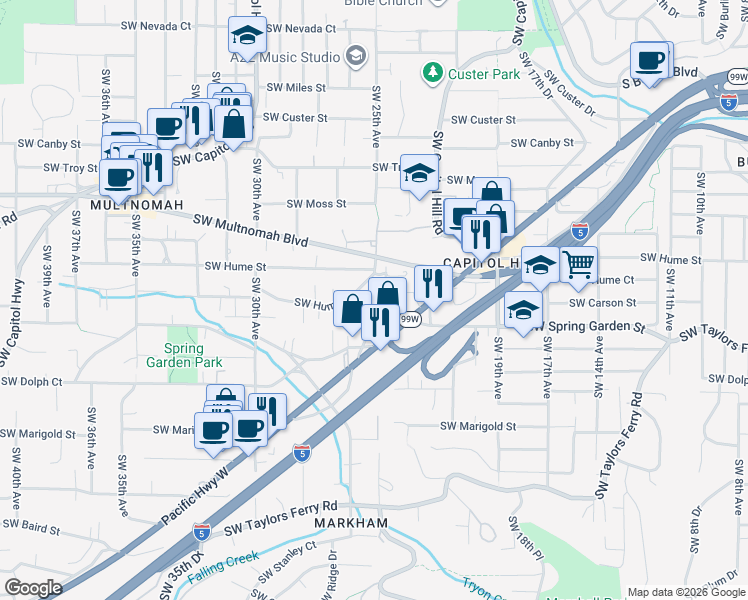 map of restaurants, bars, coffee shops, grocery stores, and more near 2525 Southwest Hume Court in Portland
