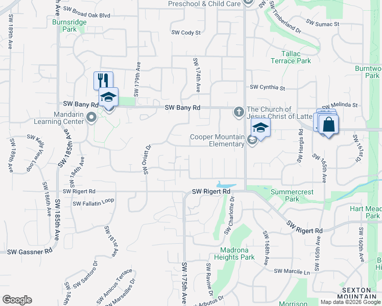 map of restaurants, bars, coffee shops, grocery stores, and more near 7716 Southwest 175th Place in Beaverton