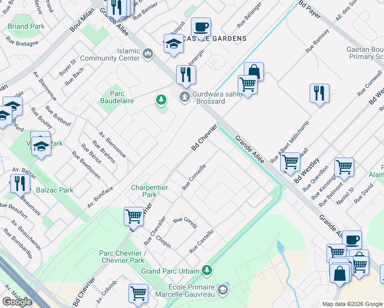 map of restaurants, bars, coffee shops, grocery stores, and more near 5685 Boulevard Chevrier in Brossard