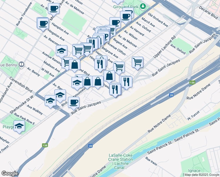 map of restaurants, bars, coffee shops, grocery stores, and more near 2090 Grand Boulevard in Montreal